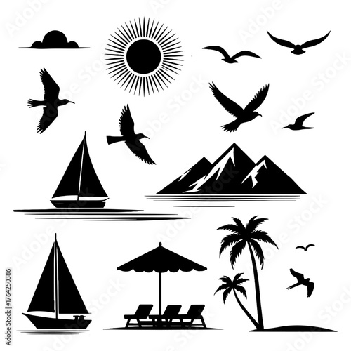 Summer Vacation and Beach Travel Elements Silhouette Collection with Sailboat and Palm Tree