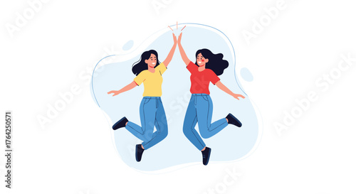 Two Women Jumping and High-Fiving in Celebration.