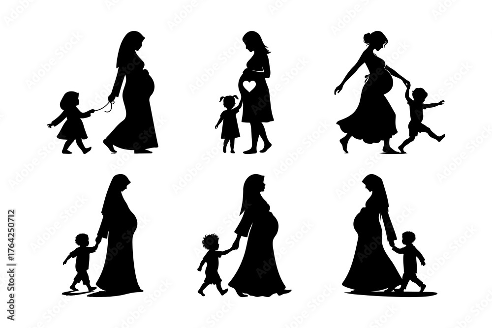 Obraz premium Collection of Pregnant Women Silhouettes with Child Walking Together in Various Poses
