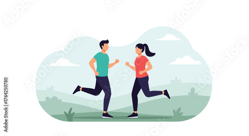 Young athletic man and woman jogging together outdoors for fitness.
