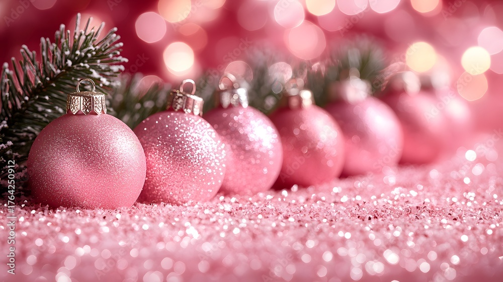 Fototapeta premium Shimmering pink Christmas ornaments are arranged on a soft surface, surrounded by a sprinkle of glitter and soft glowing lights, creating a cheerful holiday atmosphere.