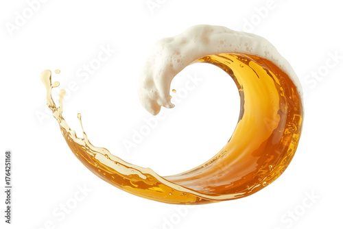 Dynamic golden beer splash frozen in motion forming a swirling wave with foamy head against a stark black background