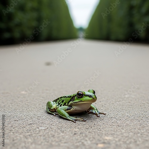 Green Frog on Pavement - A Serene Encounter in Nature.