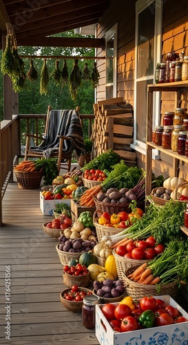 Abundant Harvest - Fresh Produce Display on a Rustic Porch.
