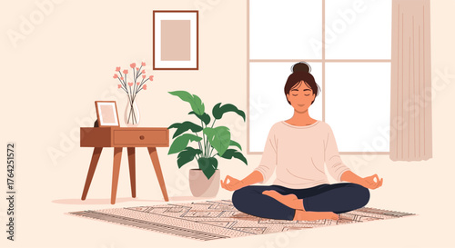 Woman meditating in lotus position, achieving inner peace and mindfulness.