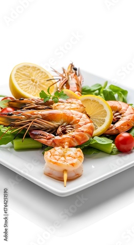 Grilled Shrimp with Lemon and Greens on a White Plate.