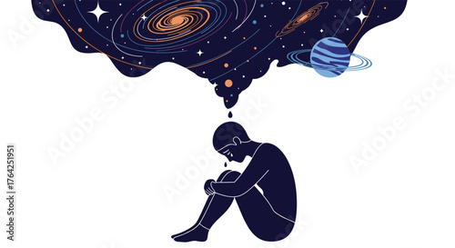 Person contemplating cosmos with galaxy and planets in thought.