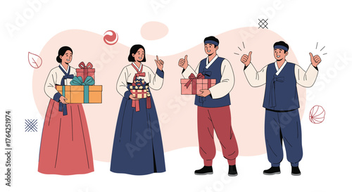 Korean people in traditional attire holding gifts and celebrating.