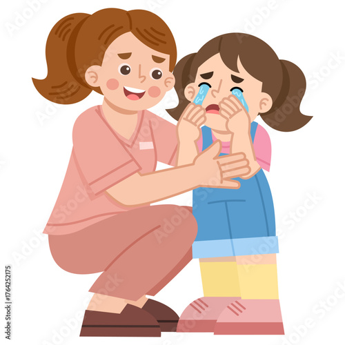 Illustration of babysitter Comforting Crying Girl