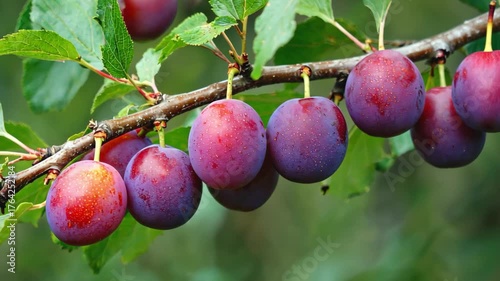Ripe plums hanging on a tree branch, bathed in sunlight, showcasing the natural beauty and freshness of organic fruits.	
