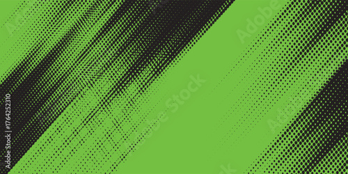 Abstract green and black grunge vector background. Dynamic design with distressed diagonal lines, halftone dots, and splatter textures, creating an energetic and edgy modern effect.Vector ilustration