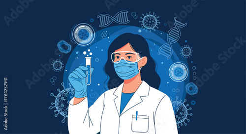 Female Scientist Examining Test Tube in Lab with Virus and DNA.