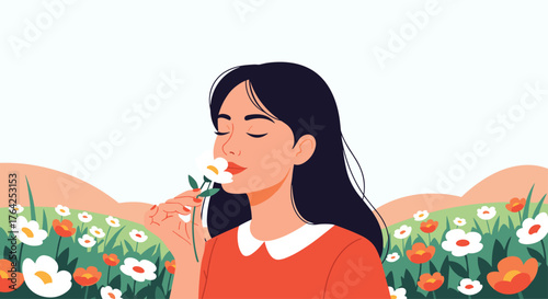 Woman Smelling Flower in Field of Wildflowers.