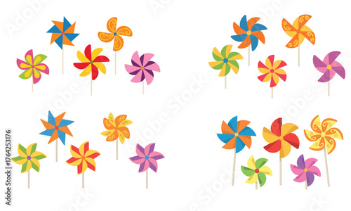 Colorful pinwheel toy illustration set representing childhood fun and summer play concept
