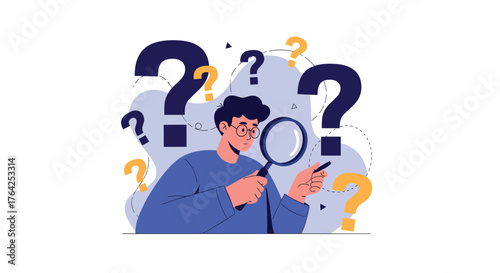 Man with Magnifying Glass Surrounded by Question Marks.