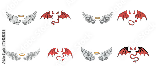 Angel and devil wings icon set representing good and evil concept with halo and red dragon wings
