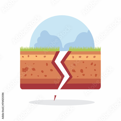 Earthquake illustration showing cracked ground and layers of soil.