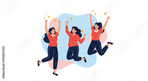 Three happy young women jumping in celebration together.