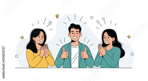 Man giving thumbs up with two women clapping in appreciation.