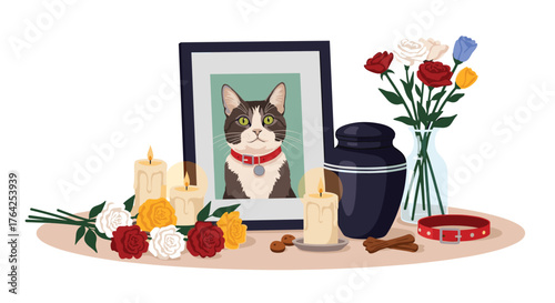 Pet Memorial Display with Portrait Urn Flowers and Candles.