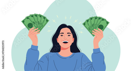 Woman happily displays cash in both hands, celebrating financial success.