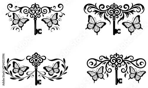 Vintage decorative key and butterfly ornament vector set with floral design and elegant swirl elements for classic decoration projects