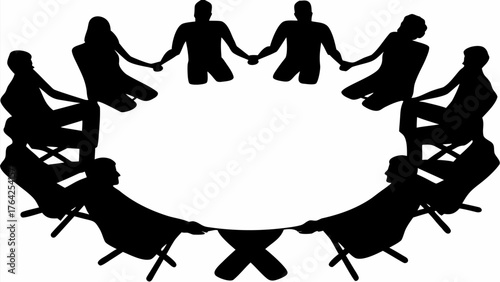 Silhouette of people sitting in chairs holding hands in a circle around a table with an x shape on it