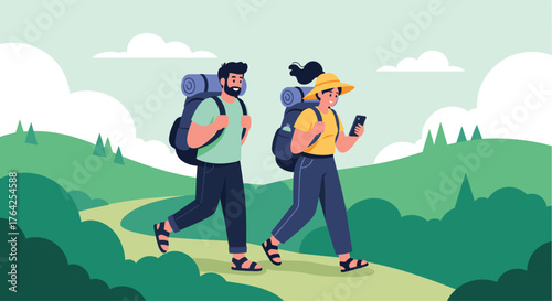 Two hikers trekking on a scenic trail, one using a smartphone.