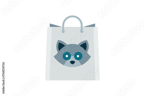 Cute baby raccoon face glowing with bright blue eyes on a transparent shopping bag design
