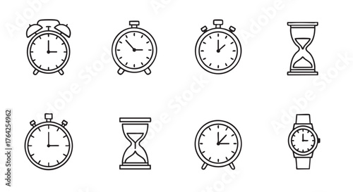 Assorted Timekeeping Icons Depicting Alarm Clocks Stopwatch and Hourglass Symbolism
