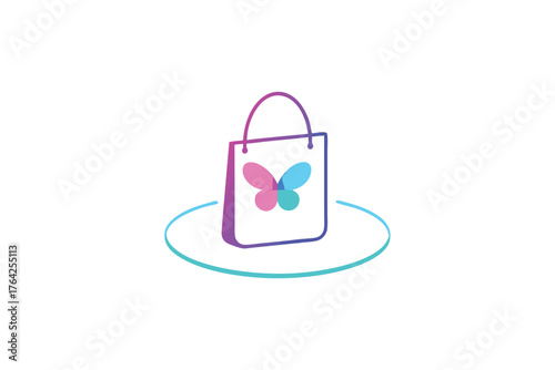 Transparent shopping bag with floating neon butterfly and abstract pedestal creative graphic design
