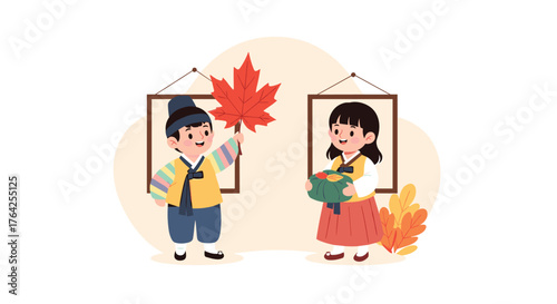 Children in Hanbok Celebrating Chuseok with Maple Leaf and Gift.