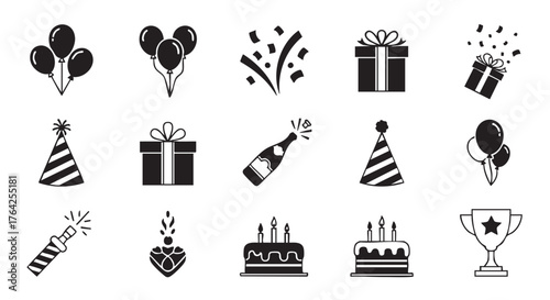 Birthday party elements black and white vector illustrations set