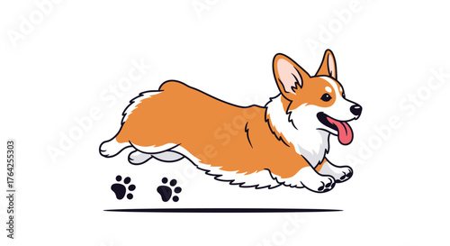 Cute Pembroke Welsh Corgi Dog Running with Paws in the Air.