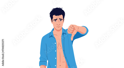 Man showing thumbs down gesture with unhappy expression.