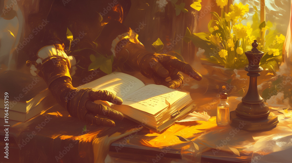 Fototapeta premium Symbolic still life composition featuring a well-used book, a pair of gardening gloves, and a chess piece, bathed in warm golden hour light that life-affirming themes of knowledge