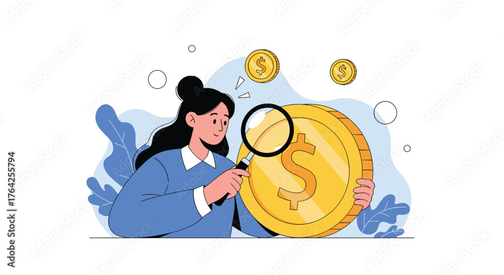 Naklejka premium Woman examining large gold coin with magnifying glass for financial analysis.