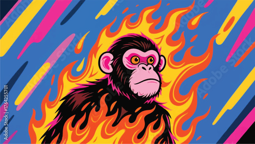 Funny Monkey on Fire Illustrator Artwork Banner Background Design Template 