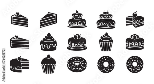 Black and white vector illustration of cakes and cupcakes collection