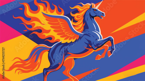 Flying Horse Pegasus Burning Fire Illustrator Artwork Banner Background Design Template 