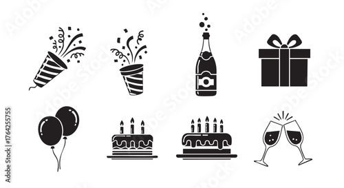 Black and white vector illustration of party elements for birthday celebration