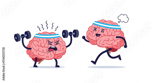 Two cartoon brains exercising with headbands on.