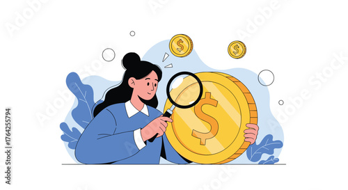Woman examining large gold coin with magnifying glass for financial analysis.