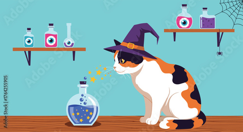 Calico Cat Witch Brewing Potion for Halloween Celebration.