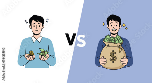 Comparison of a Sad Man with Little Money and a Happy Man with a Bag Full of Cash.