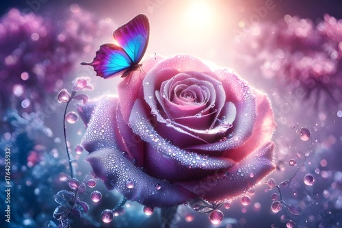 magical purple rose flower with a blue butterfly and mild sunlight