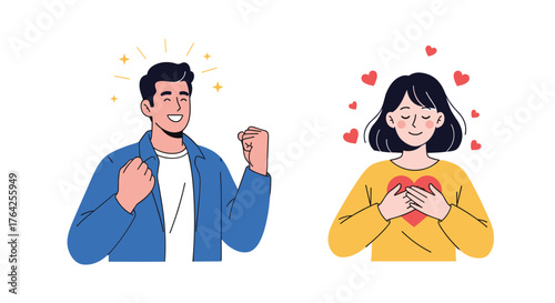 Joyful man celebrates success and woman embraces love with heart.
