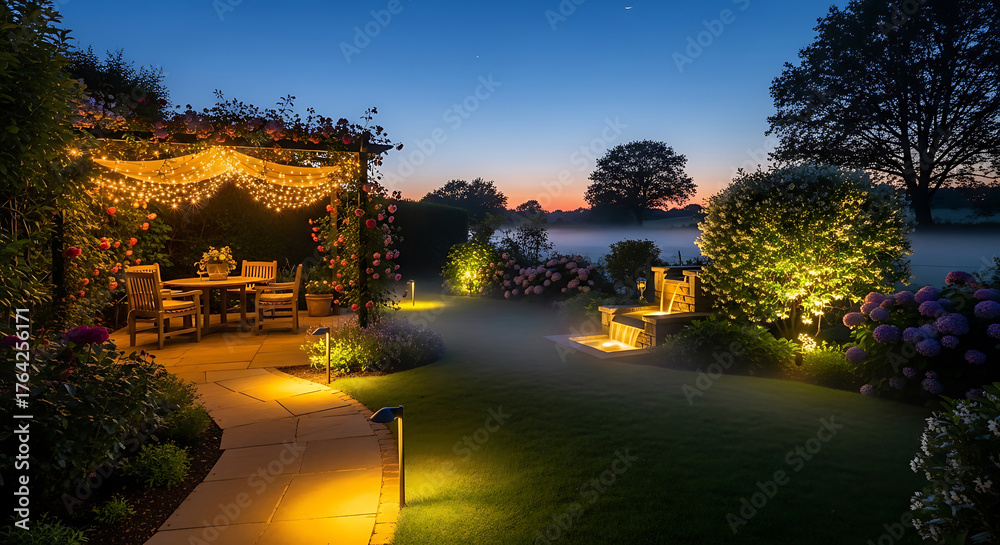 Fototapeta premium Enchanting garden at twilight with string lights and glowing lanterns