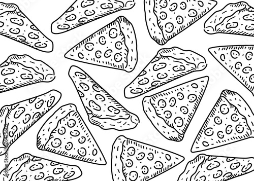 Seamless hand-drawn pattern of pizza slices with cheese and pepperoni toppings, illustrated in a fun black and white doodle style. Perfect for fast food-themed backgrounds, restaurant branding