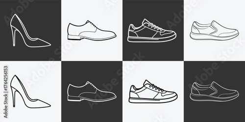 Collection of elegant high heels and stylish sneakers for fashionable footwear designs